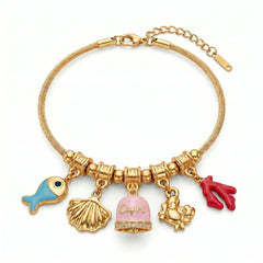 Bracelet with Pastel Pink Enamel Capri Bell and Sea Charms