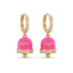 Fluorescent Pink “Capri” Hoop Earrings with Zirconia and Bell Charm